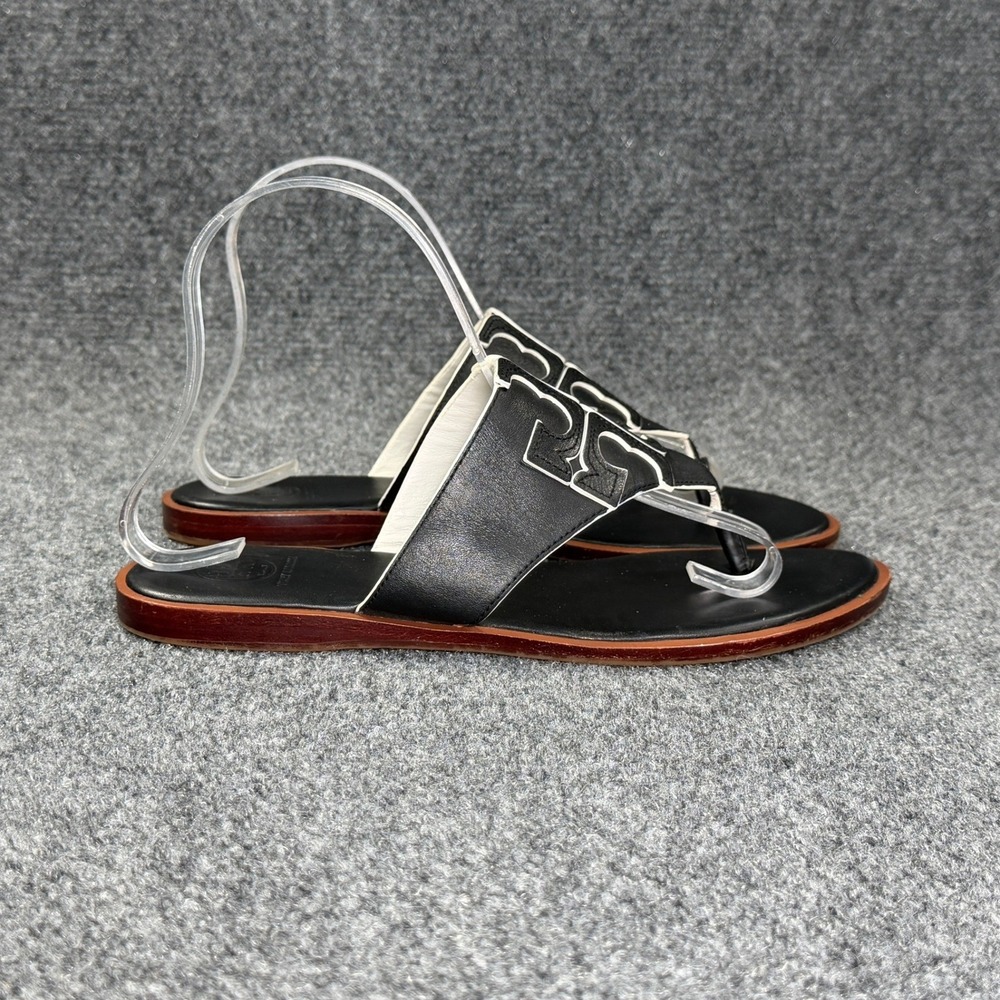 Tory Burch Jamie Full Logo Thong Sandals Women's 8 Black Leather Brown Flip Flop
